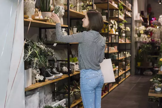 Femme faisant des achats dans une boutique de plante et de décoration